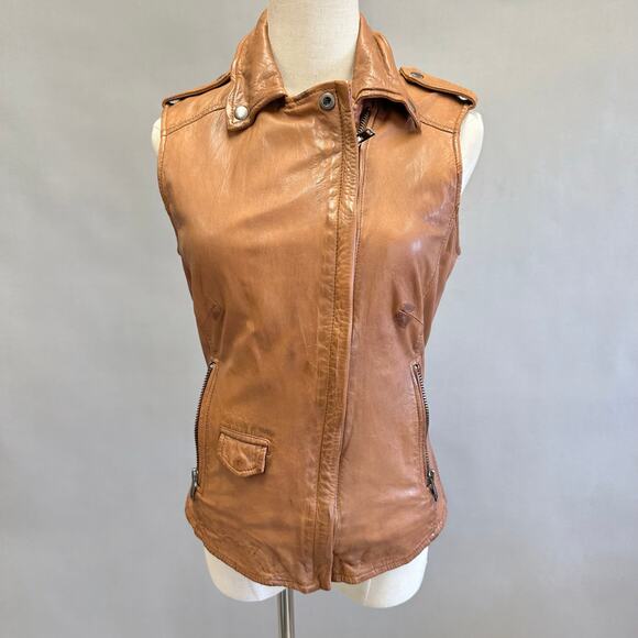 Muubaa Lynn Tan Brown Sleeveless Leather Biker moto jacket vest US Size 6 UK 10 - Picture 15 of 15